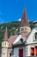 Interlaken. White catholic church with a bell tower on a sunny morning.