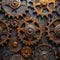 Interlocking gears and cogs forming an intricate, steampunk-inspired design