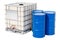 Intermediate bulk container with metallic barrels, 3D rendering