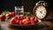 Intermittent Fasting Concept Theme of Fruits With Alarm Clock Background