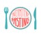 Intermittent Fasting. Hand drawn lettering illustration of a plate with a fork and a knife in blue and pink colors.