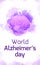 International Alzheimers Day. Vertical card with human brain on purple watercolor stains. Disease and extinction. Vector banner