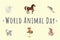 International animal day vector template. Cartoon cats, dogs, horse, parrot isolated illustrations. Celebrating pets