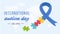 International Autism Awareness Day Banner. Blue ribbon with colorful puzzle pieces. Jigsaw mosaic as symbol of children