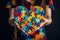 International autism day concept. Woman holding heart shape symbol. Generative AI