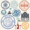 International business travel visa stamps or symbols set Italy,