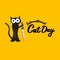 International cat day funky banner with black cat holding bloody knife isolated on orange background. World cat day