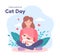 International Cat Day human, flat style. Happy girl holding her cat in her arms. Cute vector illustration, isolated on a