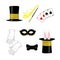 International Circus Day - Magician isolated symbol set of wizard black cylinder hat, carnival mask, bow tie, Magic wand, four ace