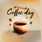 International Coffee Day vector illustration. A cup of coffee with a steaming latte, coffee beans, and world map background