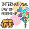 International day of friendship-hand drawn lettering with two glass beer cheers and colorful balloon. hand drawn vector. internati