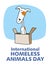 International day of homeless animals. Sad little cartoon dog sits in a box