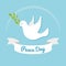 International Day of peace. Dove of peace with olive branch on blue background. Postcard, poster or web banner template.