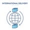 International delivery icon. Vector illustration of globe icon with parcel boxes and arrows around it. It represents a concept of