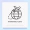 International flights thin line icon: airplane flying around globe. Modern vector illustration