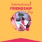 International friendship day text on yellow with happy diverse female friends relaxing by pool