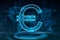 International and global market currency concept with digital euro sign on blue circle on dark background with world map