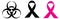 An international graphic symbol of biological threat and a black ribbon of mourning and pink for breast cancer