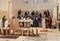 An international group of believers makes a group prayer service in Memorial Church of Moses on Mount Nebo near the city of Madaba