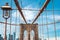 International Landmark Brooklyn Bridge, American Flag, Cloudy Blue Sky Background. New York City