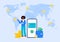 International money transfer and safe transactions. A female user sends money to different locations abroad using a