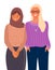 International nationality, woman wearing hijab standing near american blonde girl in glasses