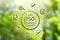 International Organization for Standardization ISO 14001. Different virtual icons on blurred green background