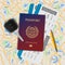 International passport, boarding pass, tickets with barcode and key on the map seamless background