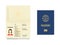 International passport template. Closed and open document for travel, identity pages with female photo, sample data and