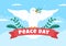 International Peace Day Cartoon Illustration with Hands, Pigeon, Globe and Blue Sky to Create Prosperous in the World