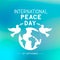 International Peace Day lettering with flying doves holding olive branches. Flat vector illustration. Easy to edit template for