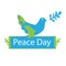 International peace day slogan with a dove bird logo on a globe.