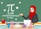 International Pi Day vector background with Smiling Cute Female Teacher Teaching