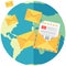 International postal system, worldwide delivery of mails. Globe surrounded by yellow envelops