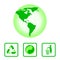 The international recycling symbols and the map of the Western hemisphere in green.