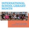 International school library month text and happy diverse teacher with children reading books