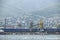 The international sea port of Novorossiysk. Port cranes and industrial objects. Marine Station.