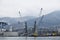 The international sea port of Novorossiysk. Port cranes and industrial objects. Marine Station.