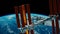 International Space Station ISS revolving over earths atmosphere. Space Station Orbiting Earth. 3D Animation.