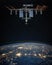 The International Space Station orbiting planet Earth and moon. Scientific space exploration using a space station. Elements of