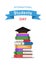 International Students Day vector banner. Flat stack of books and square academic cap. Academic and school knowledge symbol.