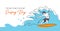 International surfing day simple vector banner, poster, background. One continuous line drawing of surfer guy on the