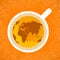 International Tea Day. Agricultural holiday concept. Cup of tea, top view. Continents silhouettes. Grunge background.