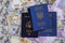 International Ukrainian passport with dual citizens US Passport hryvnia banknotes and US dollar bills
