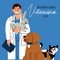 International Veterinarian's Day, vector art illustration. The doctor is a man in a medical gown with a rabbit in