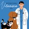 International Veterinarian's Day, vector art illustration. The doctor is smiling at a man in a medical gown with a