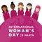 International Woman day with womans group Wear pink shirt and ribbon and pink earth world banner vector design