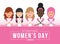 International Women day banner with Women cute charactor of various ethnic groups in the world join hands vector design