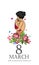 International Women\\\'s Day 8 march with flowers, mom carrying on baby Paper art style. - Vector