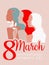 International women`s day 8 March. Modern colorful illustration with three girls silhouettes